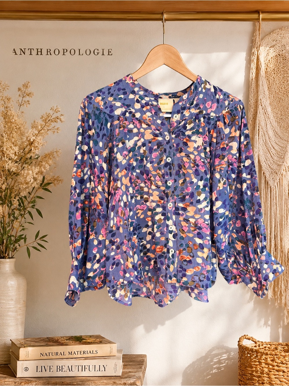 Maeve by Anthropology Blue Abstract Painterly Print Button Front Peasant Blouse
